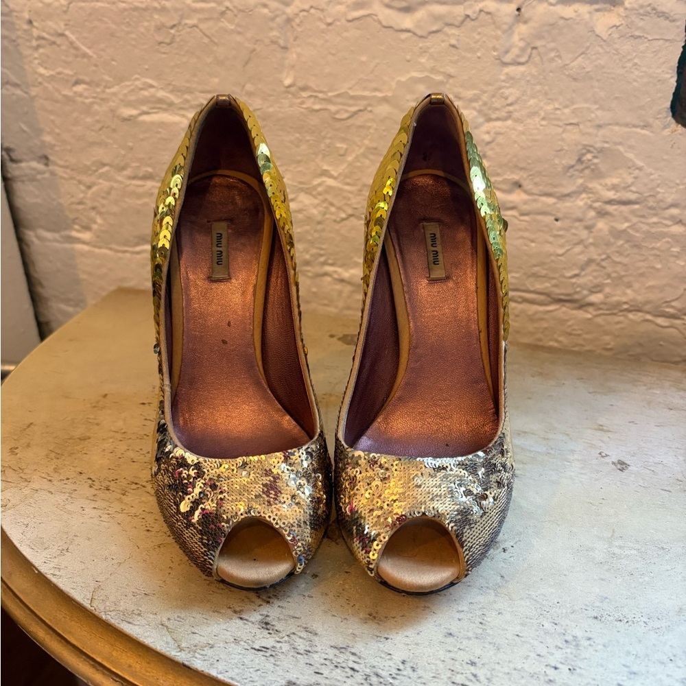 Miu Miu Gold Sequin Peep-Toe Heels - Picture 7 of 7